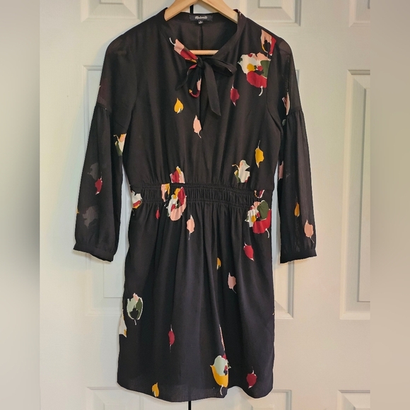 Madewell Tie Front 3/4 Sleeve Mini Dress Drifting Flowers Women's Sz 0 - Picture 1 of 14